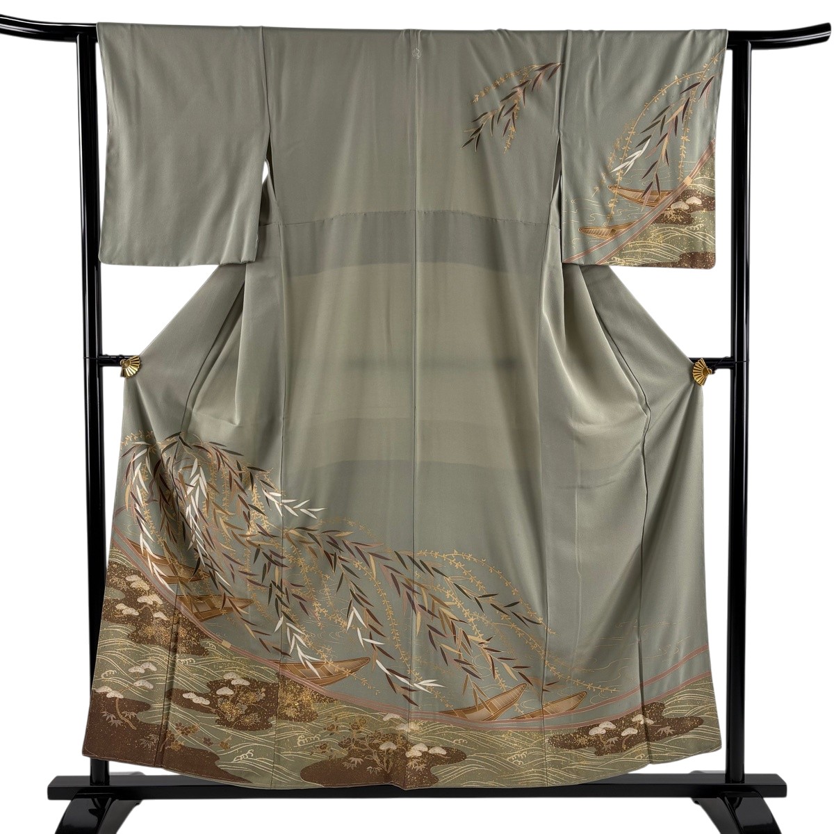 訪問着 身丈156.5cm 裄丈63cm S 袷 舟 柳 金彩 灰緑 正絹 秀品 一つ紋 【中古】