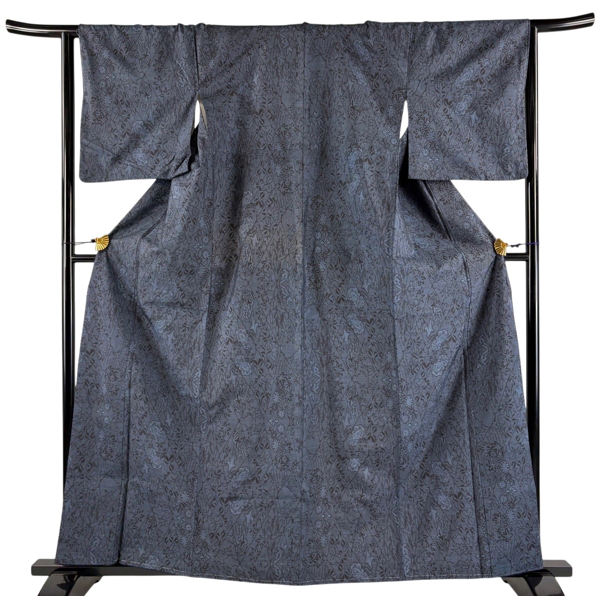 紬 身丈162.5cm 裄丈65cm M 袷 草花 菱 紺色 正絹 秀品 【中古】