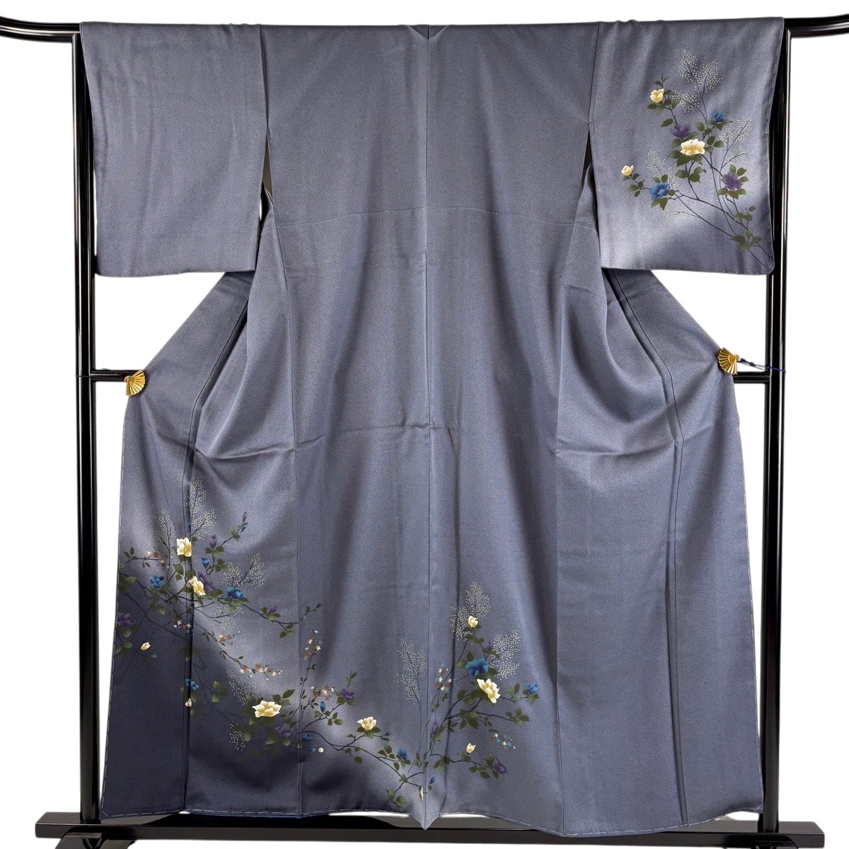 訪問着 身丈157.5cm 裄丈65.5cm M 袷 枝花 ぼかし 青灰色 正絹 秀品 【中古】