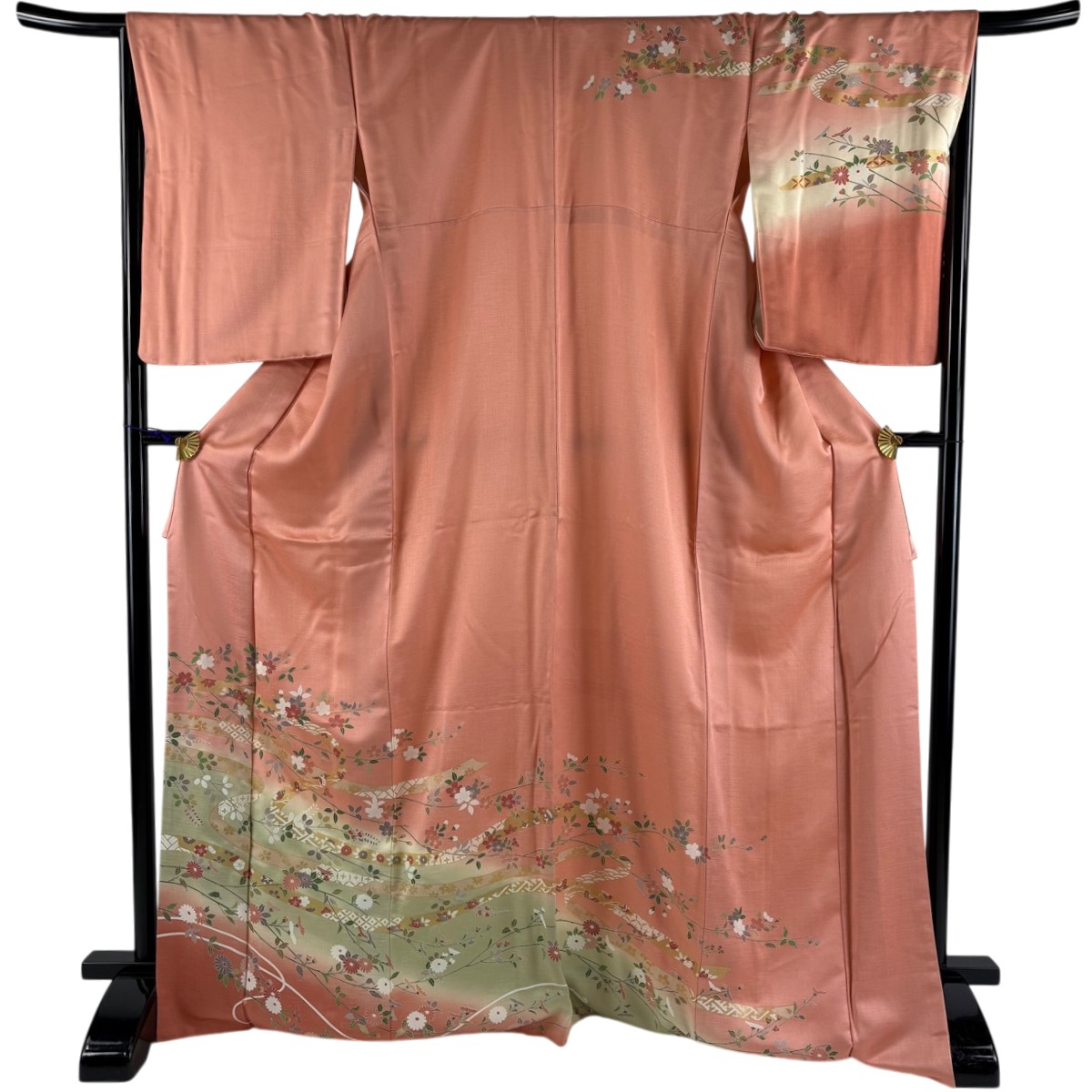 【美品】 訪問着 身丈171cm 裄丈67cm M 袷 蔓帯 草花 金彩 染め分け ピンク 正絹 秀品 【中古】