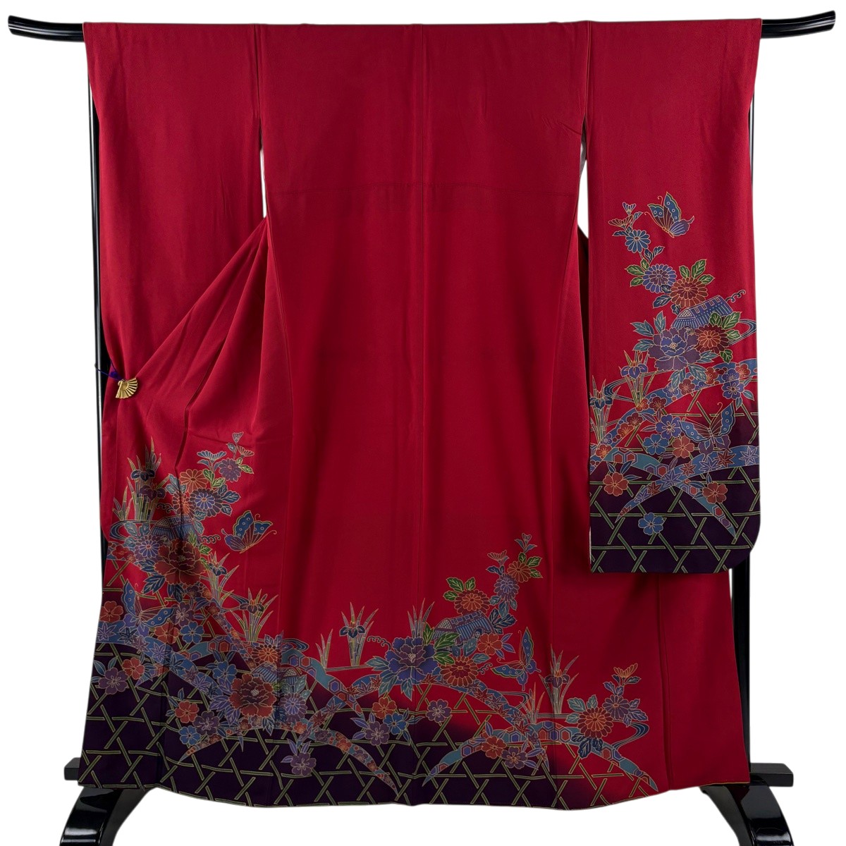 振袖 身丈163cm 裄丈68cm L 袷 建物 草花 金彩 染め分け 赤 正絹 秀品 【中古】