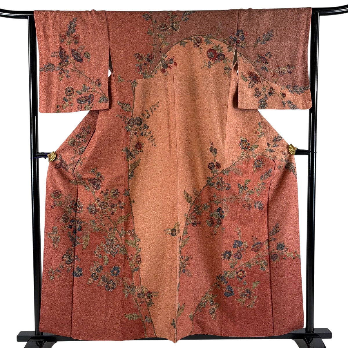 訪問着 身丈158cm 裄丈63.5cm S 袷 枝花 金彩 赤茶 正絹 秀品 【中古】