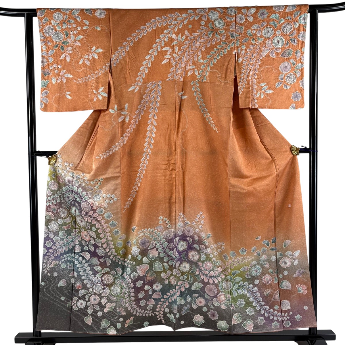 【美品】 訪問着 身丈155cm 裄丈62cm S 袷 落款あり 辻が花柄 流水 銀通し 絞り オレンジ 正絹 秀品 【中古】