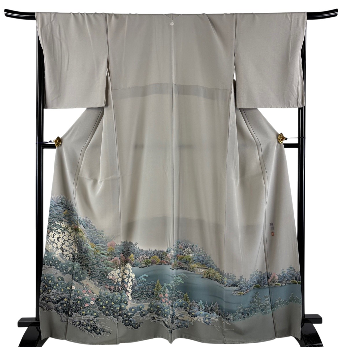 色留袖 身丈166cm 裄丈69cm L 袷 落款あり 風景 松 ぼかし 灰色 正絹 秀品 一つ紋 【中古】