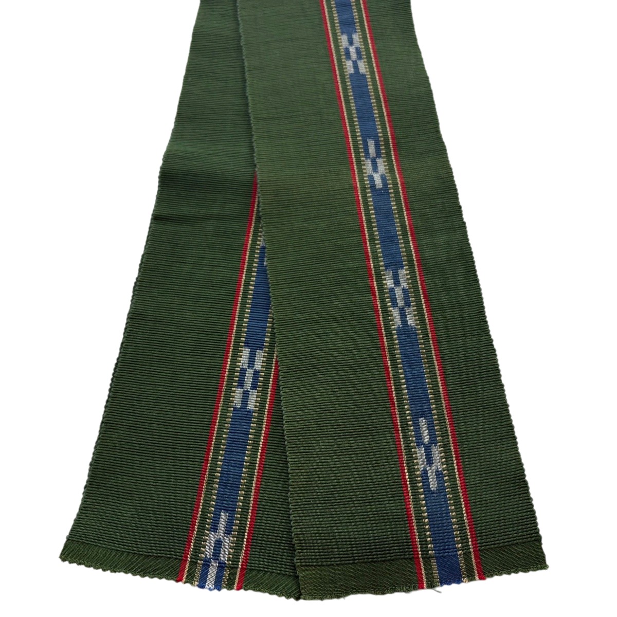 半幅帯 秀品 縞 幾何学 緑 綿 【中古】