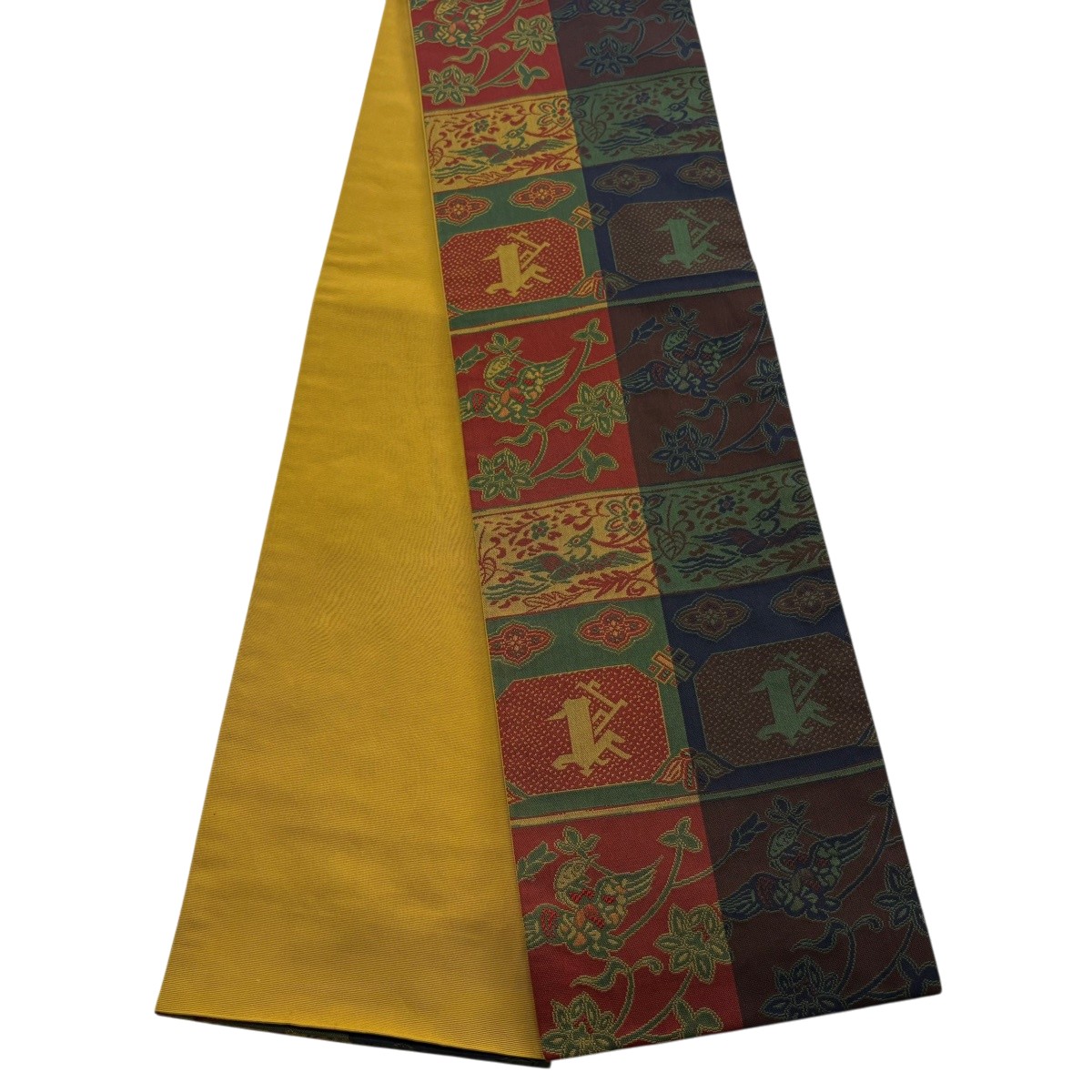 【美品】半幅帯 秀品 花鳥 赤茶 正絹 【中古】