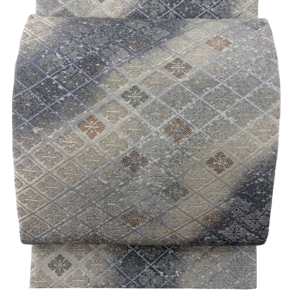 袋帯 名品 花菱 銀糸 灰色 六通 正絹 【中古】