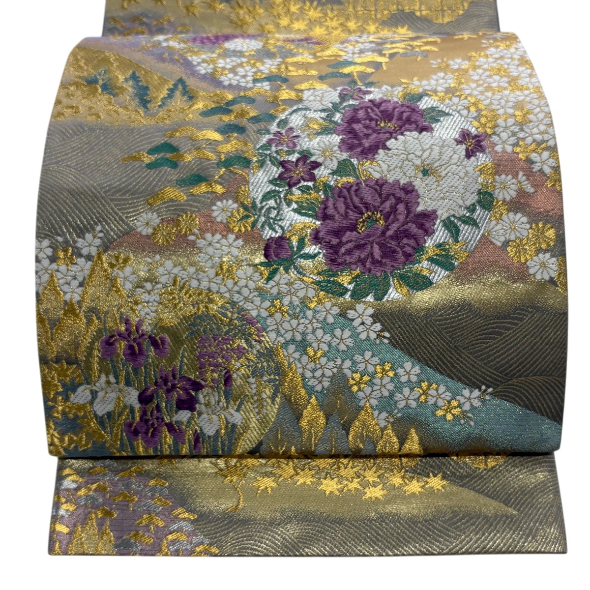 【美品】 袋帯 名品 じゅらく 落款あり 牡丹 草花 金銀糸 箔 灰紫 お太鼓柄 正絹 【中古】
