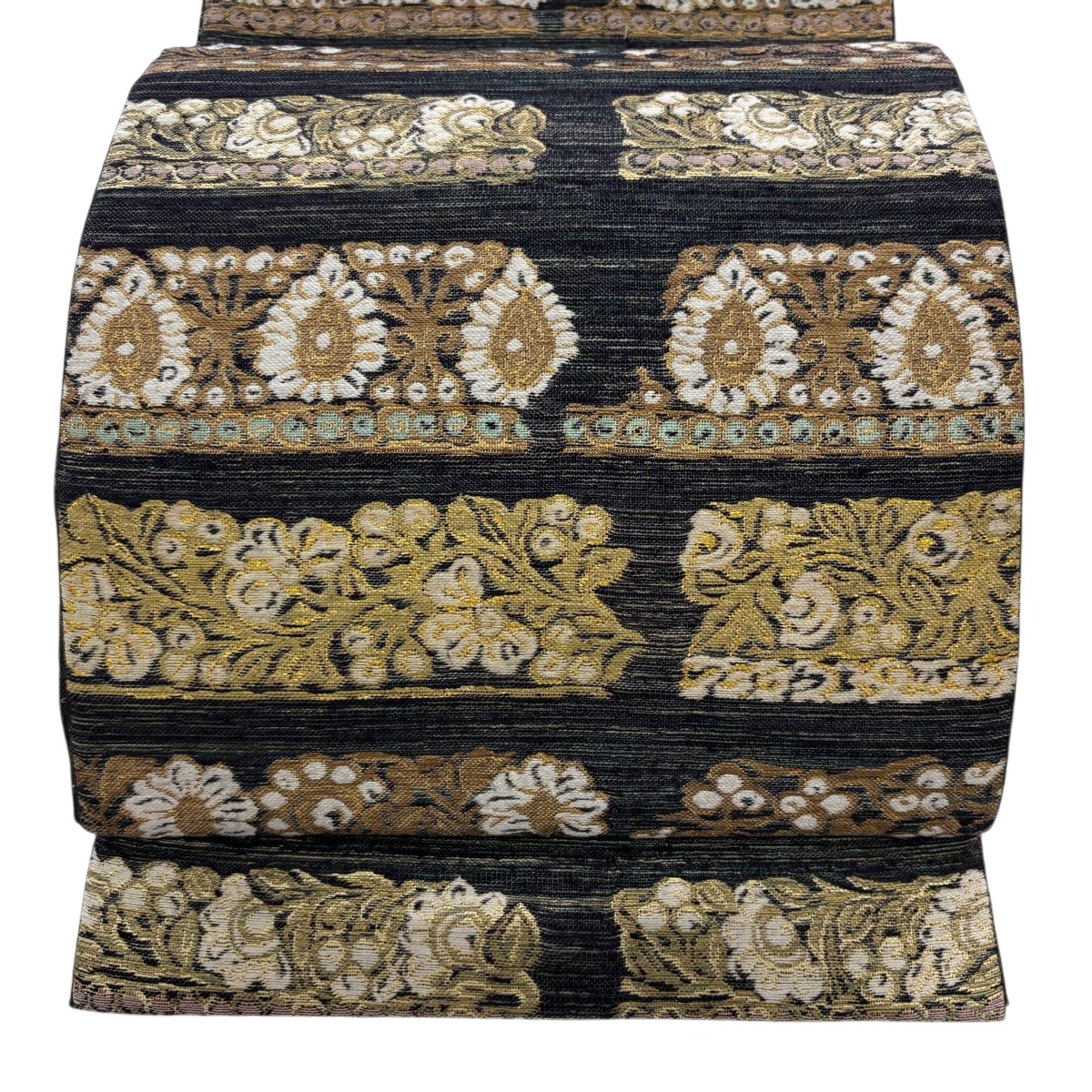 【美品】 袋帯 名品 草花 箔 金糸 墨色 六通 正絹 【中古】