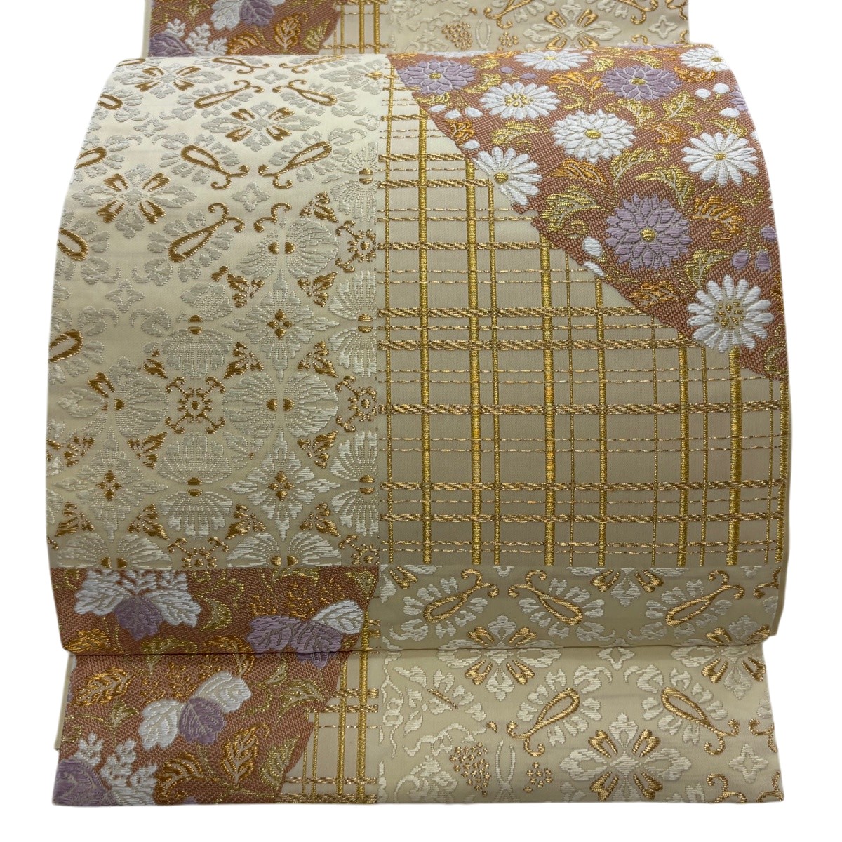 【美品】 袋帯 名品 江州ダルマ草木染 草花 有職雪輪文 金糸 刺繍 薄黄 六通 正絹 【中古】 12,008円