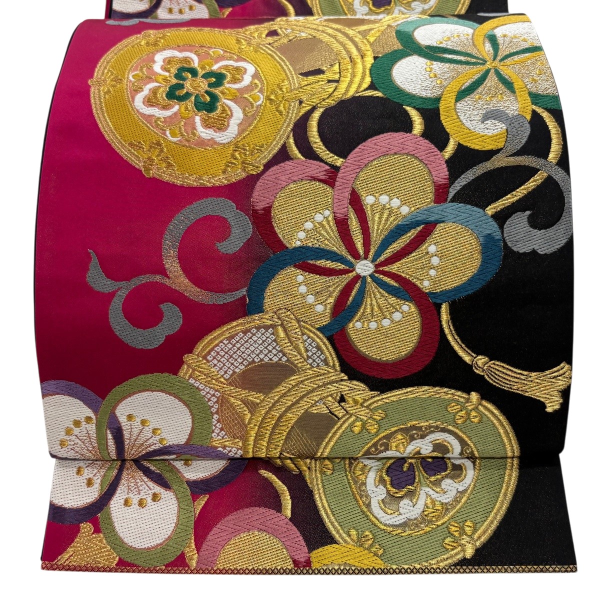 【美品】 袋帯 秀品 落款あり 鼓 梅 刺繍 金糸 赤紫 六通 正絹 【中古】