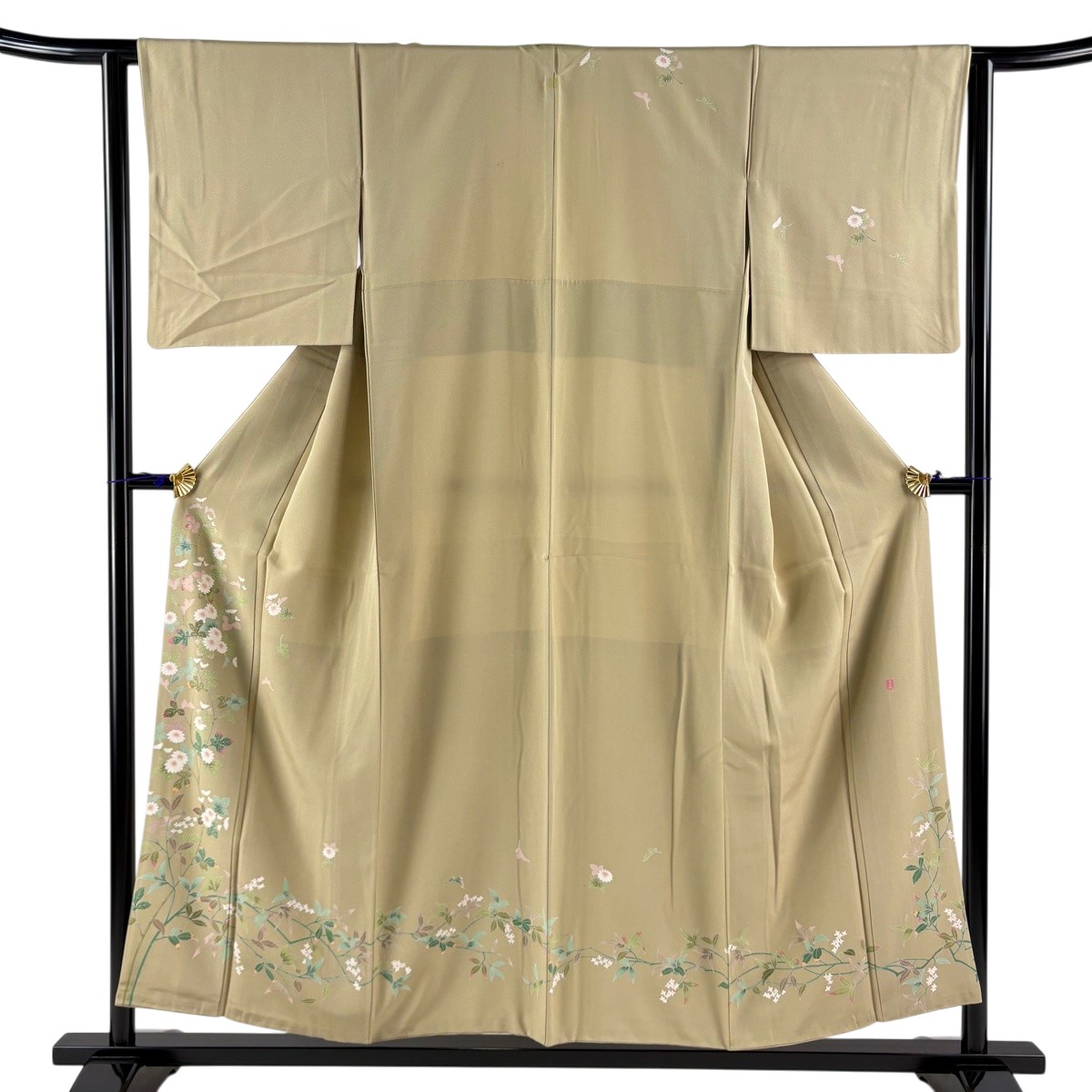 訪問着 身丈154cm 裄丈62cm S 袷 落款あり 枝花 灰緑 正絹 秀品 一つ紋 【中古】