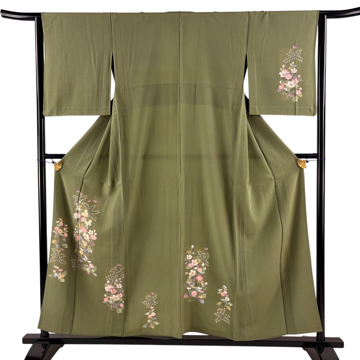 付下げ 身丈155.5cm 裄丈64cm M 単衣 草花 蝶 金彩 茶緑色 正絹 秀品 【中古】