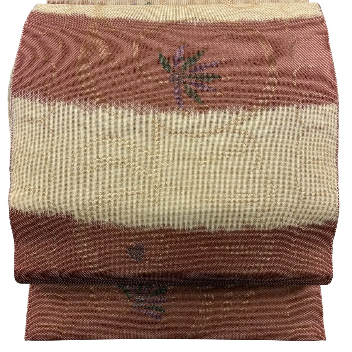【美品】 袋帯 秀品 夏帯 草花 段縞 箔 薄オレンジ 全通 正絹 【中古】