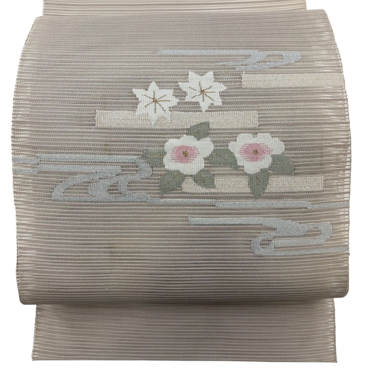 名古屋帯 秀品 夏帯 絽 八寸名古屋帯 松葉仕立て トンネル仕立て 草花 流水 金銀糸 薄茶色 正絹 【中古】