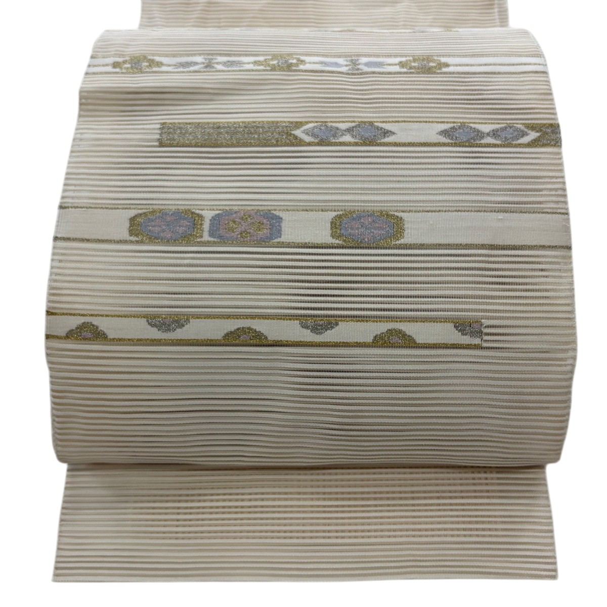 名古屋帯 秀品 夏帯 絽 八寸名古屋帯 松葉仕立て 縞 幾何学 金銀糸 クリーム 正絹 【中古】