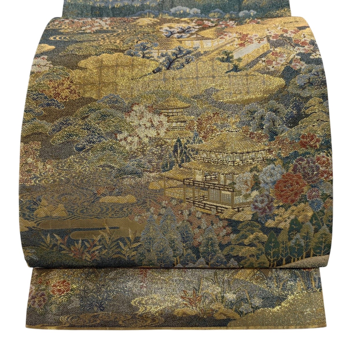 【美品】 袋帯 秀品 鹿苑寺金閣 箔 金糸 金色 お太鼓柄 正絹 【中古】