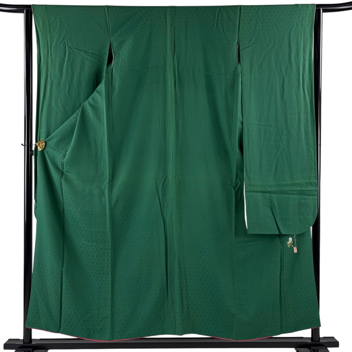 振袖 身丈152cm 裄丈63cm S 袷 落款あり 地紋 緑 正絹 名品 【中古】