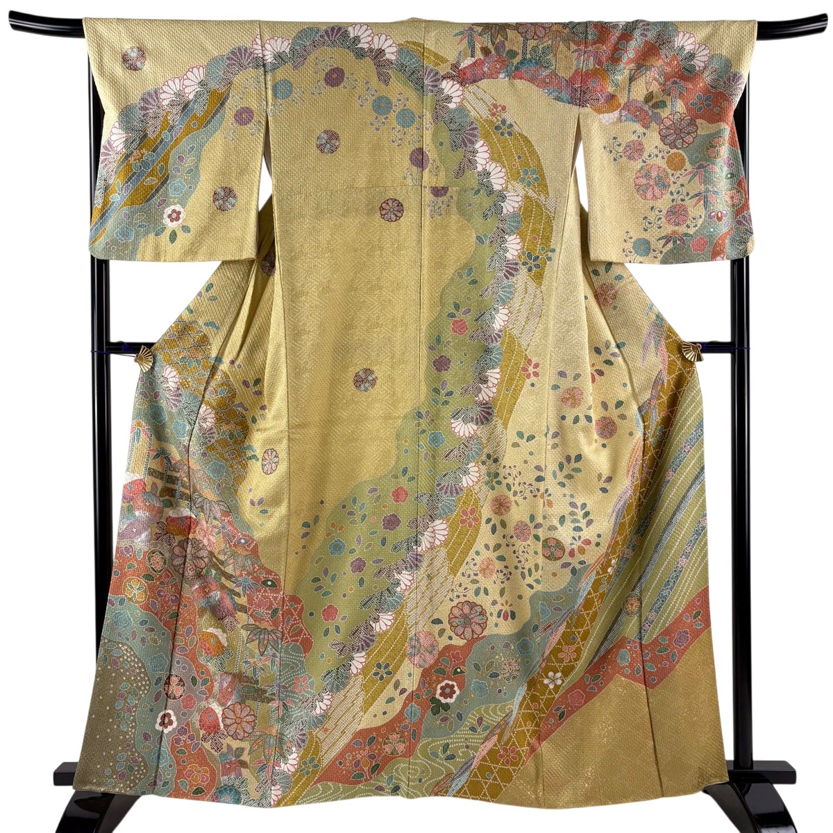 訪問着 身丈161.5cm 裄丈68cm L 袷 菊 笹 金彩 からし色 正絹 名品 【中古】