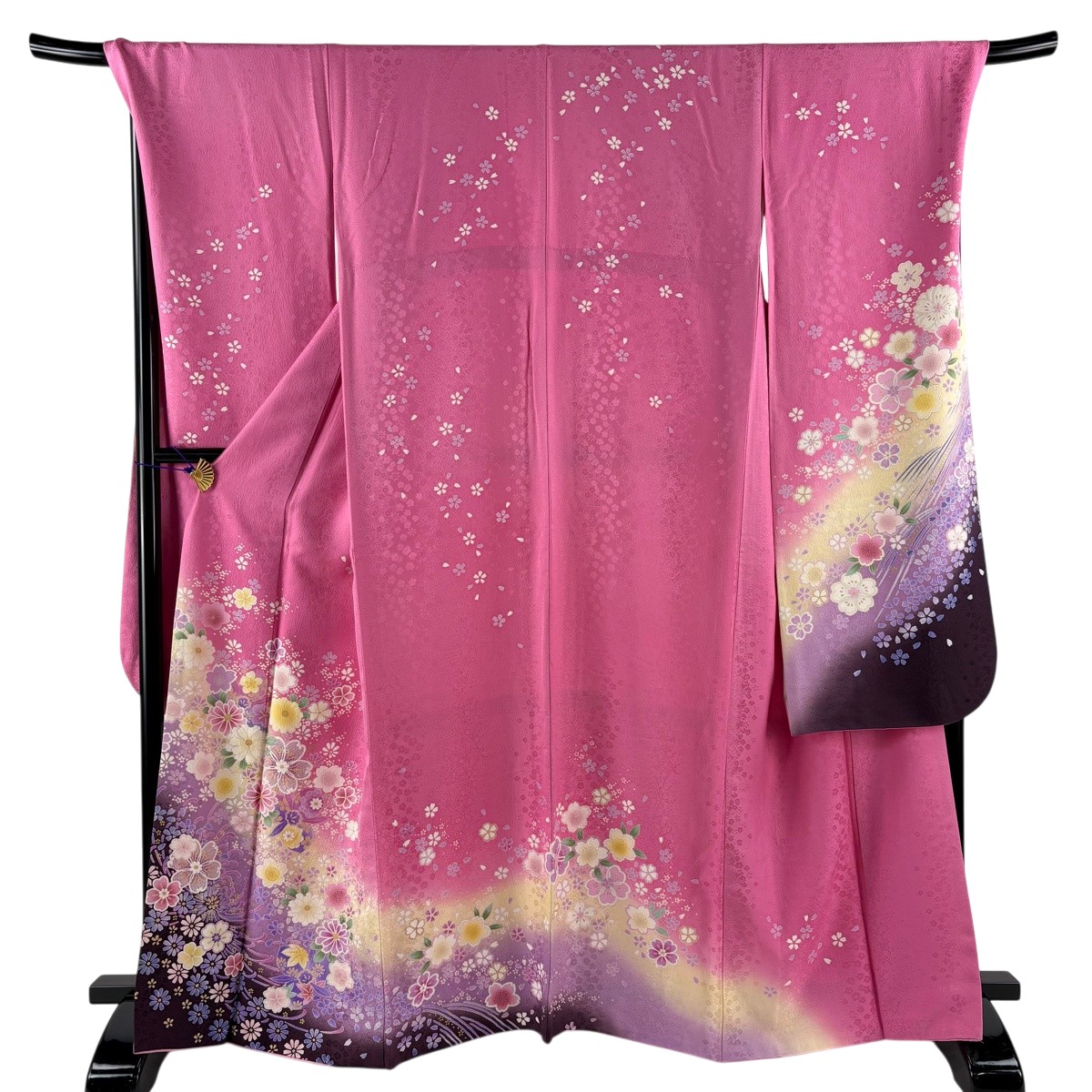 振袖 身丈164cm 裄丈71.5cm L 袷 桜 菊 箔 金彩 ピンク 正絹 名品 【中古】
