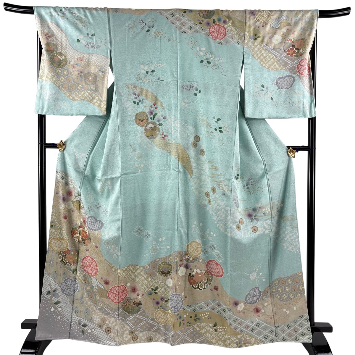 訪問着 身丈165.5cm 裄丈69cm L 袷 菊 梅 金糸 金彩 水色 正絹 名品 【中古】