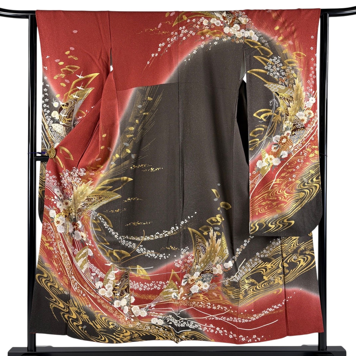 振袖 身丈153cm 裄丈63cm S 袷 扇 孔雀 金糸 金彩 茜色 正絹 秀品 【中古】