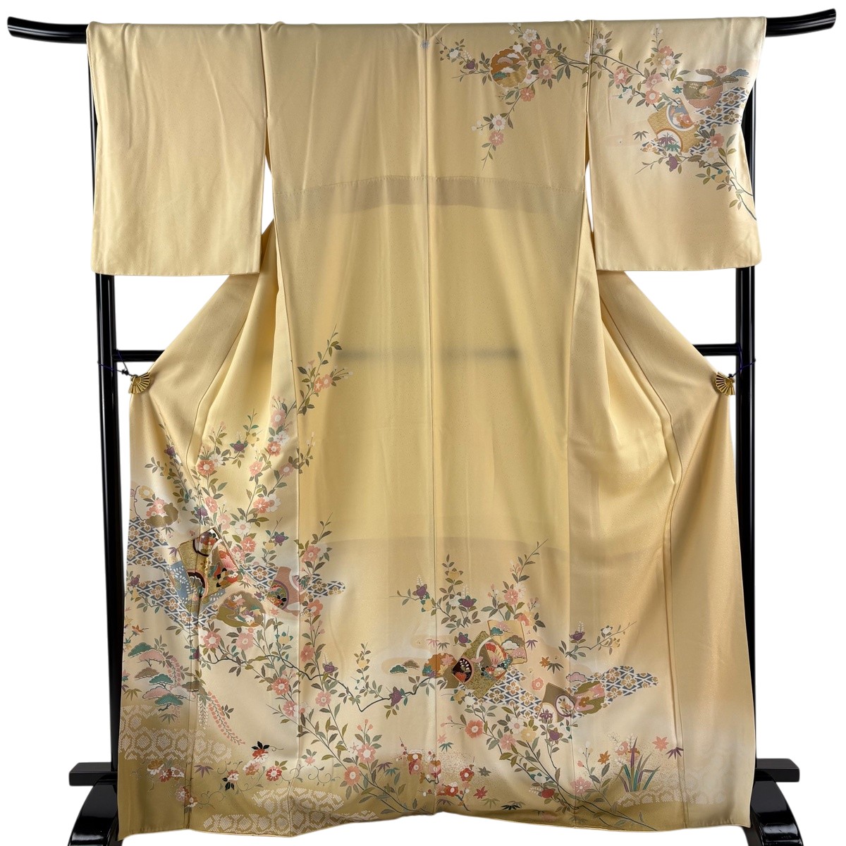 訪問着 身丈168.5cm 裄丈69cm L 袷 破れ色紙 草花 金糸 金彩 ベージュ 正絹 秀品 一つ紋 【中古】