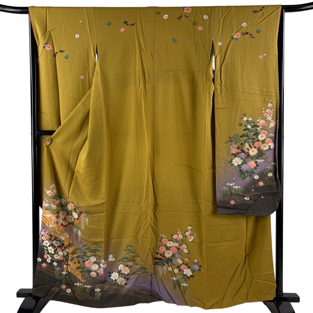 振袖 身丈159cm 裄丈66.5cm M 袷 鈴乃屋 花扇 橋 金彩 ぼかし 黄土色 正絹 秀品 【中古】