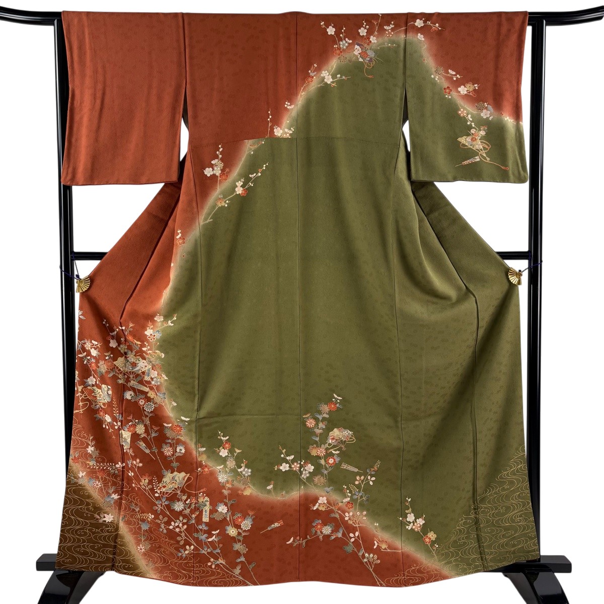 訪問着 身丈162.5cm 裄丈63cm S 袷 扇 草花 金糸 金彩 赤茶 正絹 秀品 【中古】
