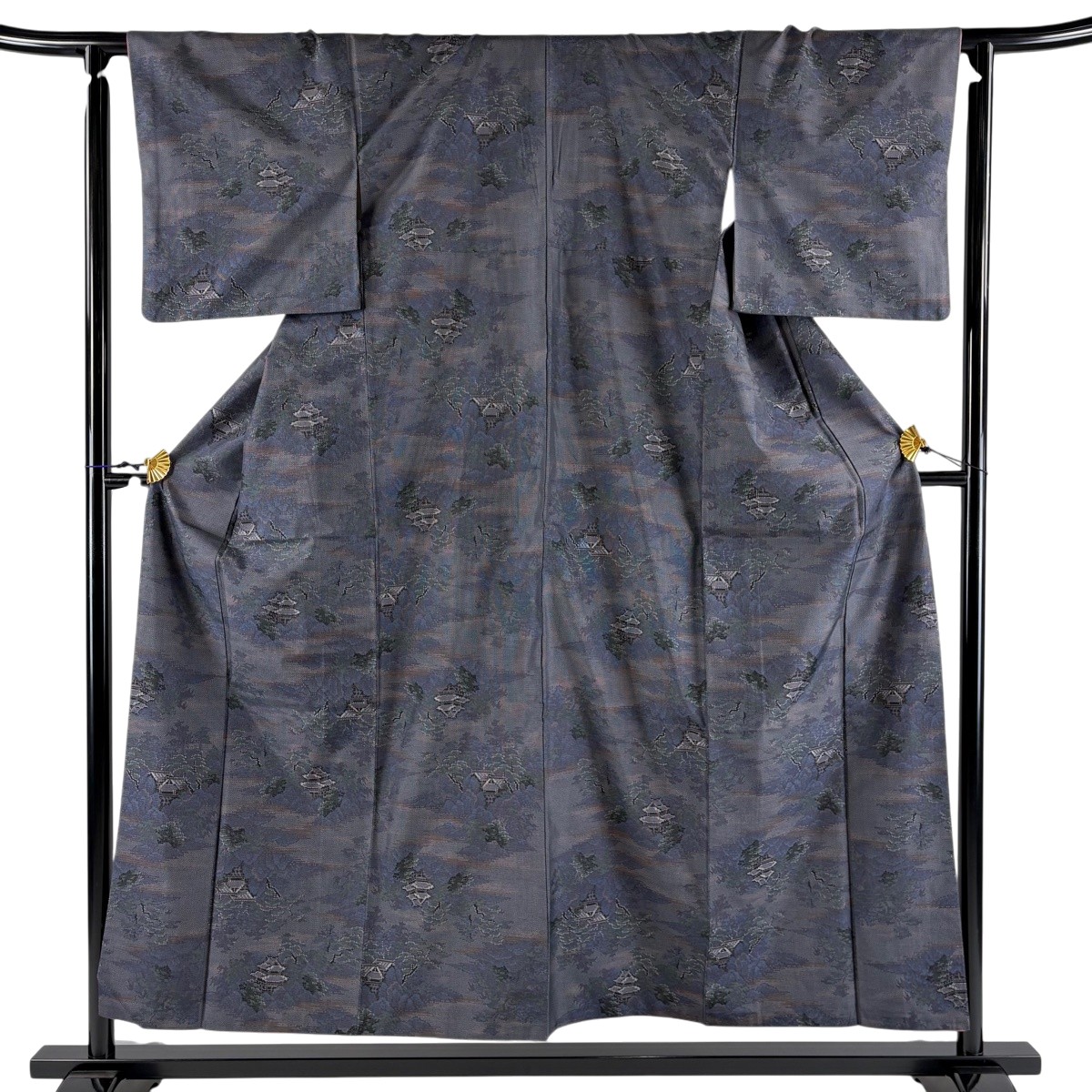 【美品】 紬 身丈155.5cm 裄丈62cm S 袷 建物 樹木 青灰色 正絹 秀品 【中古】 6,336円