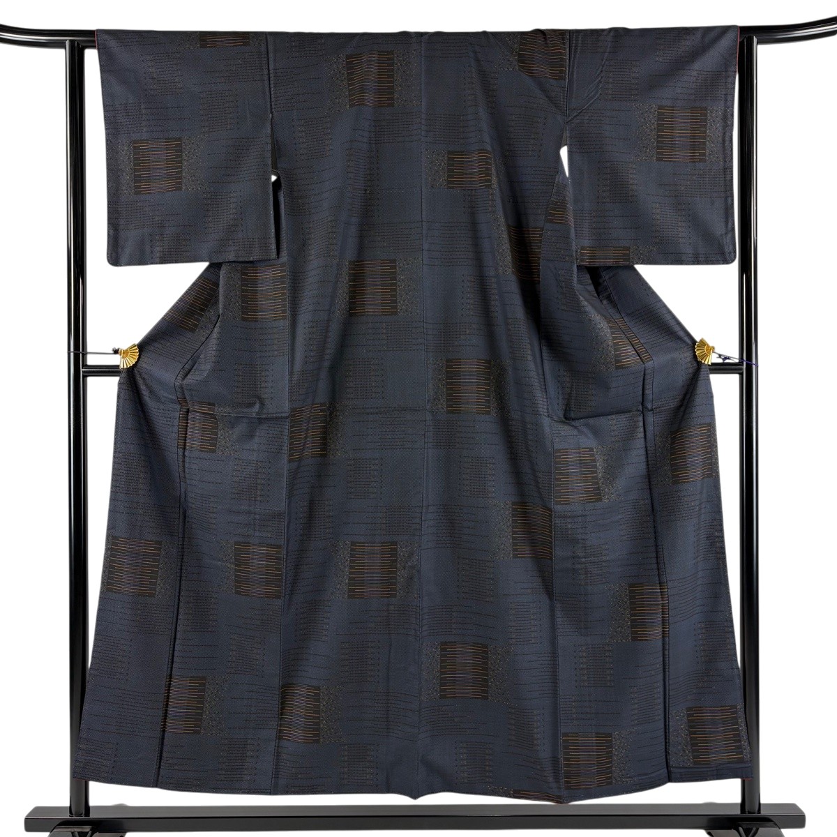 【美品】 大島紬 身丈154cm 裄丈62.5cm S 袷 純泥染 証紙あり 色紙 縞 紺色 正絹 秀品 【中古】