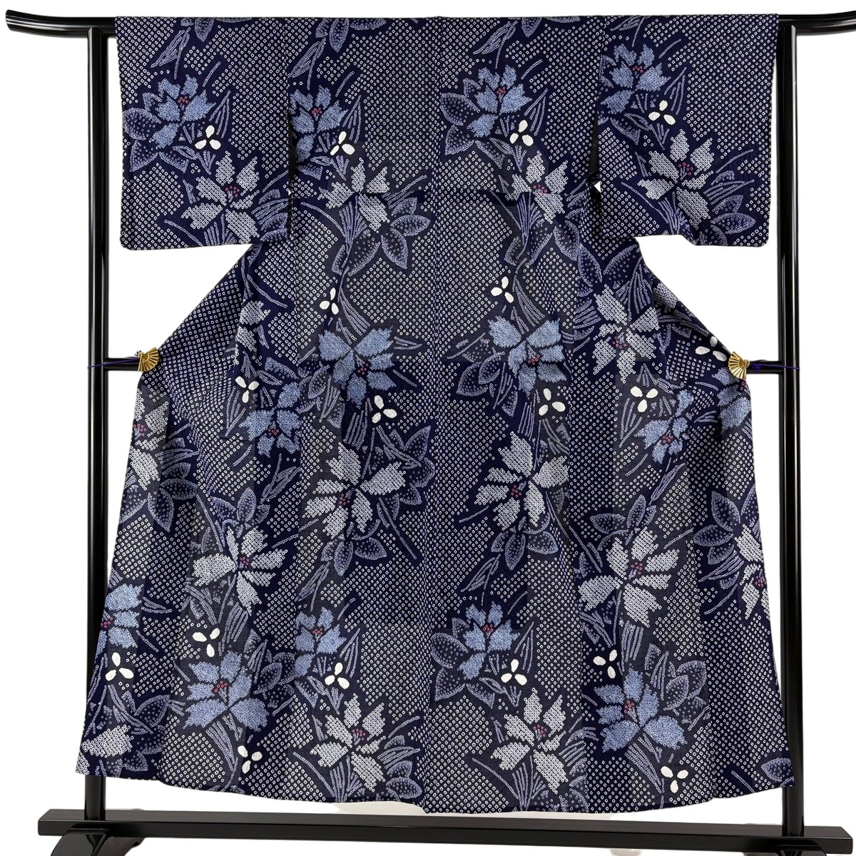 【美品】 浴衣 身丈153.5cm 裄丈63cm S 絞り浴衣 草花 紺色 綿 名品 【中古】