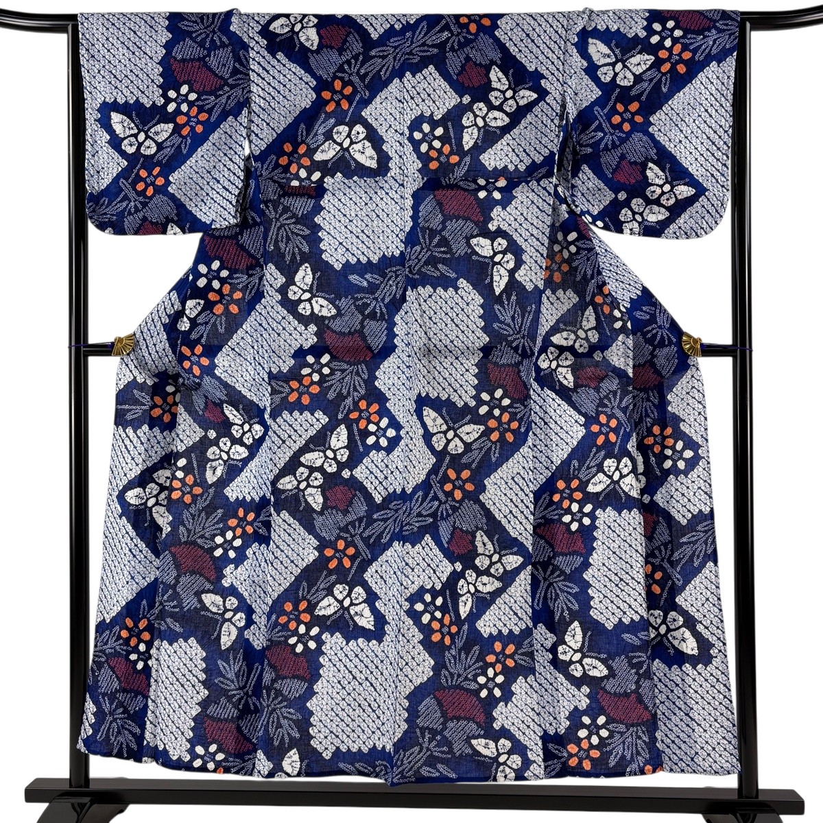 浴衣 身丈154cm 裄丈65cm M 絞り浴衣 蝶 草花 青 綿 名品 【中古】