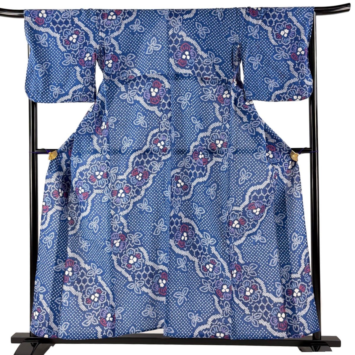 【美品】 浴衣 身丈156cm 裄丈67cm M 絞り浴衣 草花 青 綿 名品 【中古】