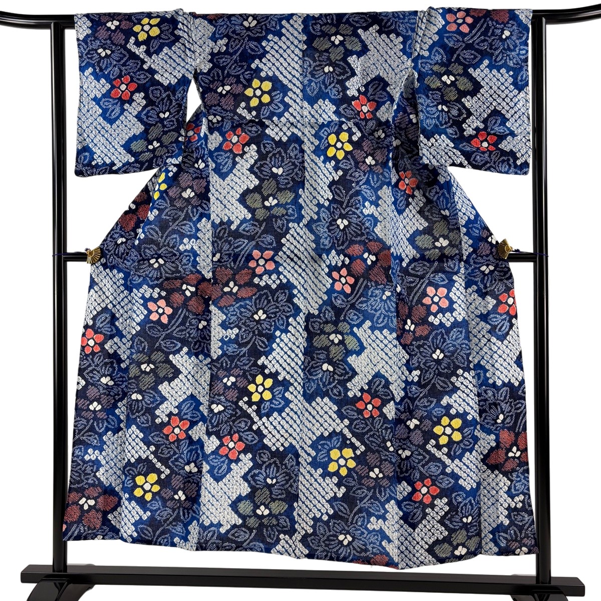 浴衣 身丈151cm 裄丈61cm S 絞り浴衣 草花 青 綿 名品 【中古】