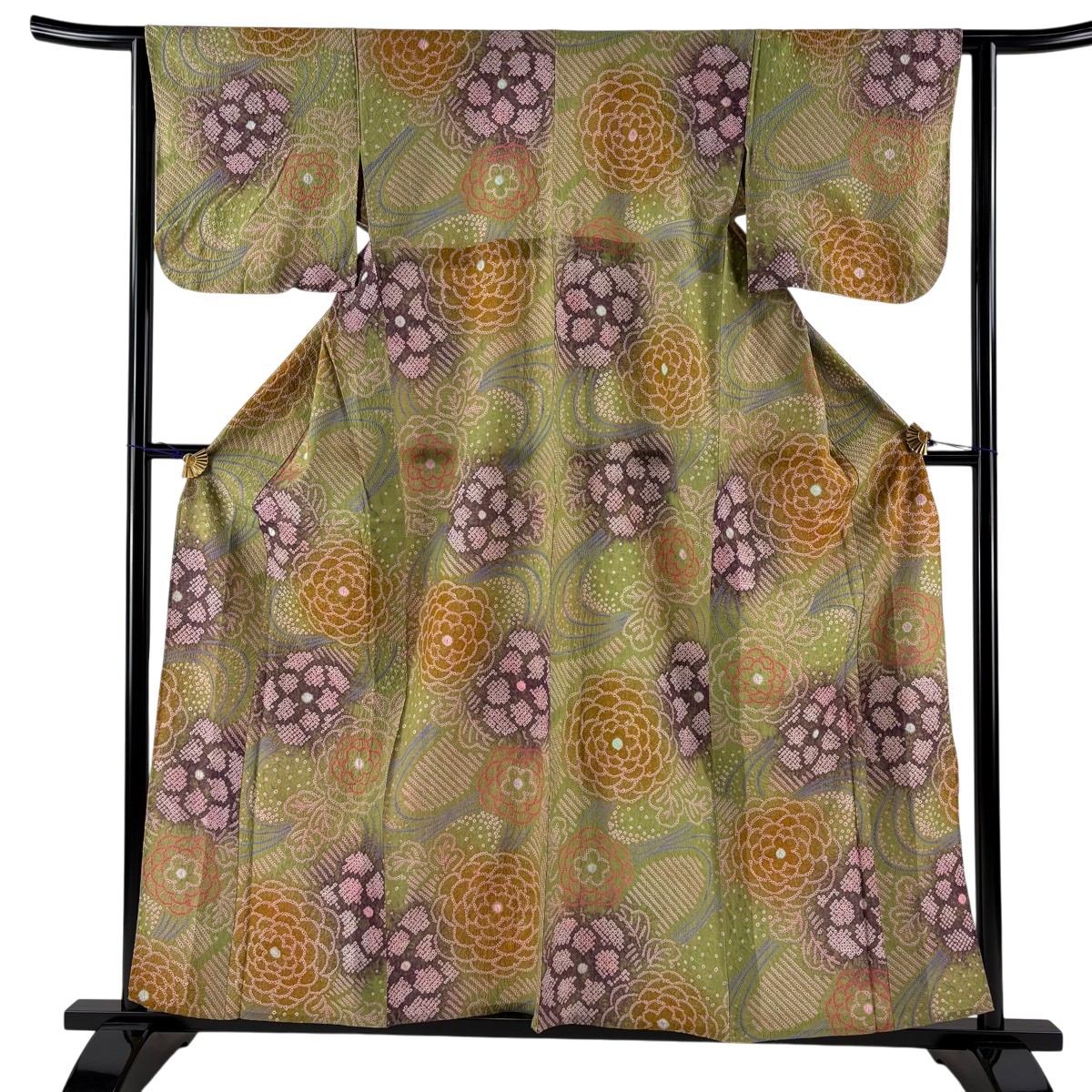 浴衣 身丈159cm 裄丈62cm S 絞り浴衣 菊 鶯色 綿 名品 【中古】