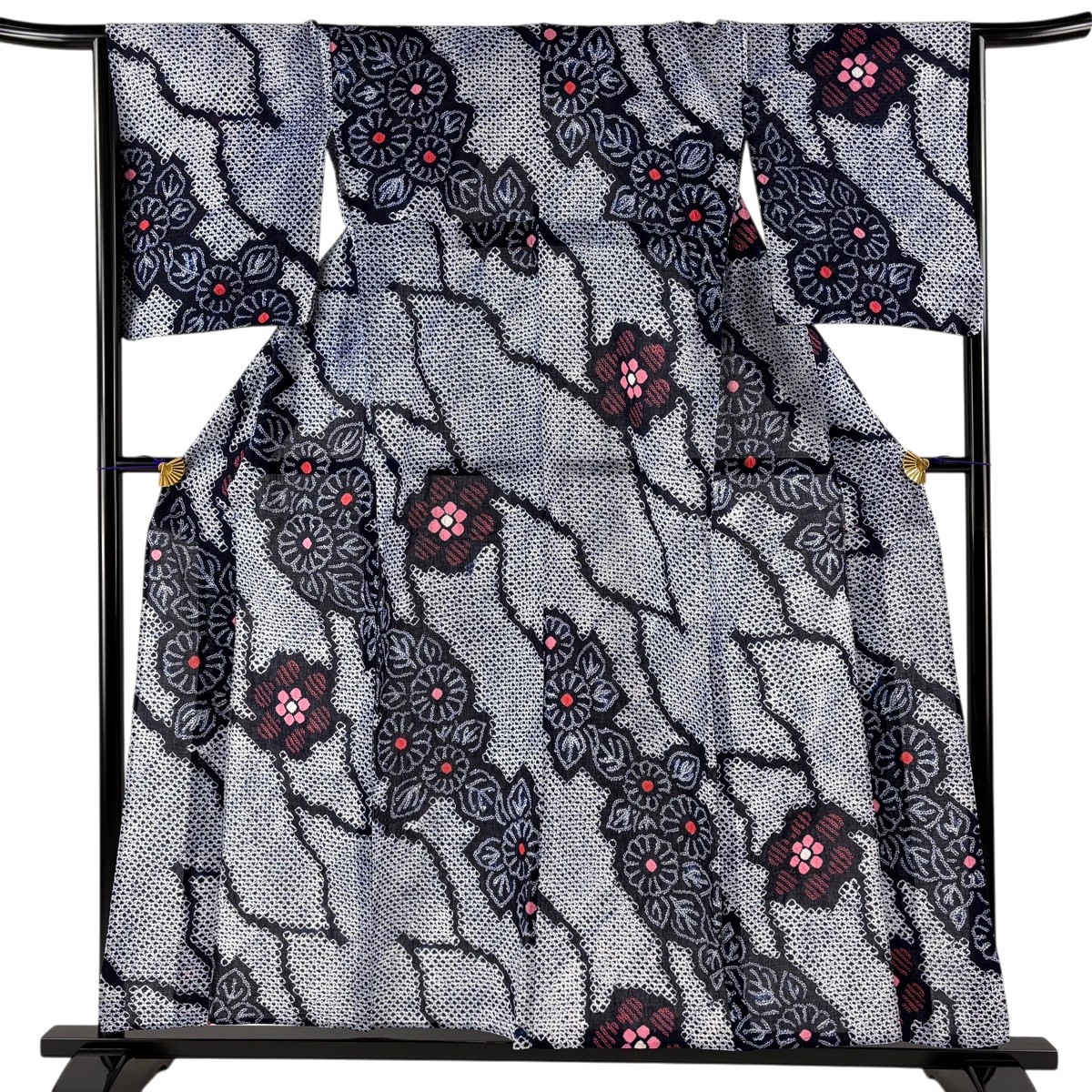 【美品】 浴衣 身丈155cm 裄丈65.5cm M 絞り浴衣 草花 濃紺 綿 名品 【中古】