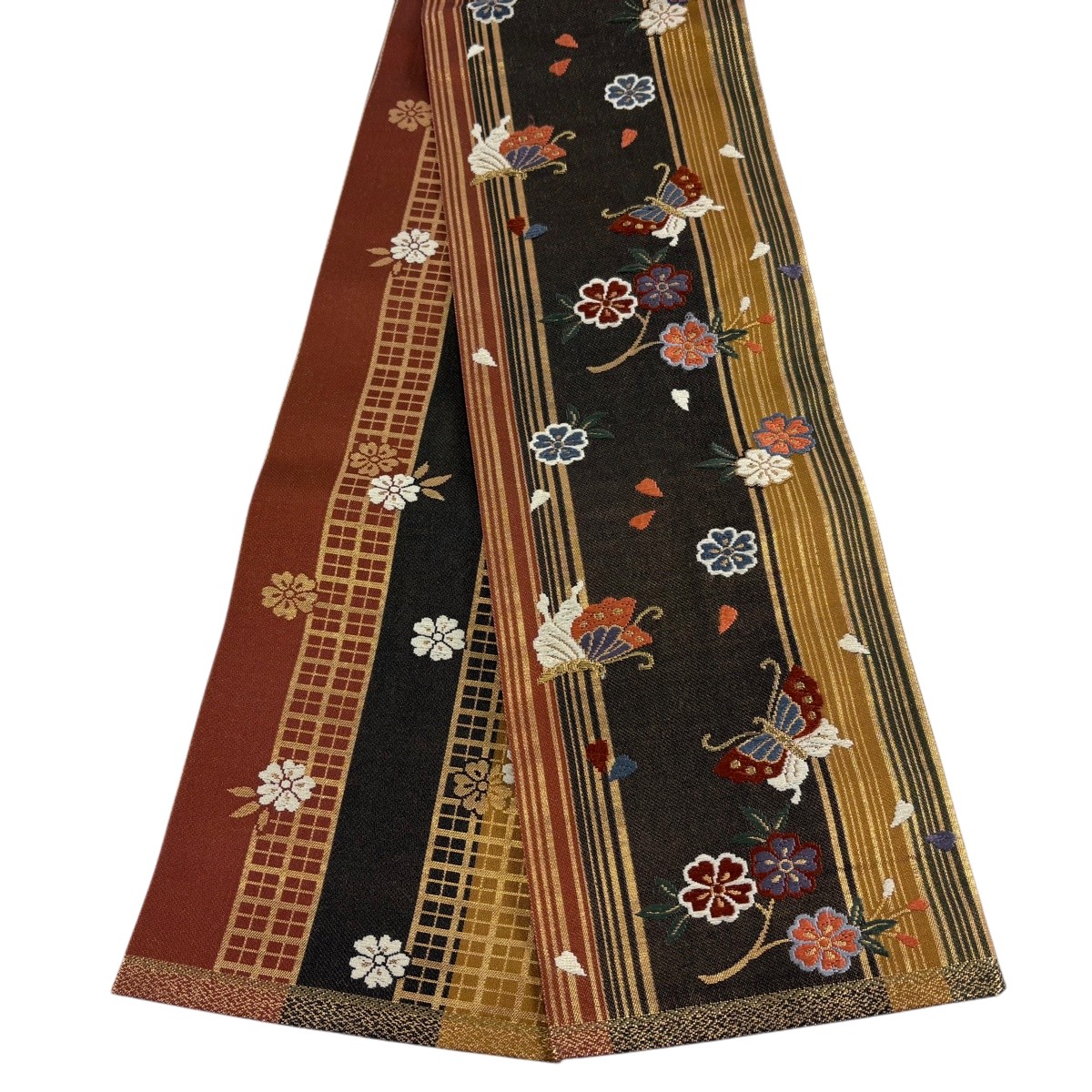 半幅帯 秀品 蝶 桜 金糸 金彩 金茶 正絹 【中古】