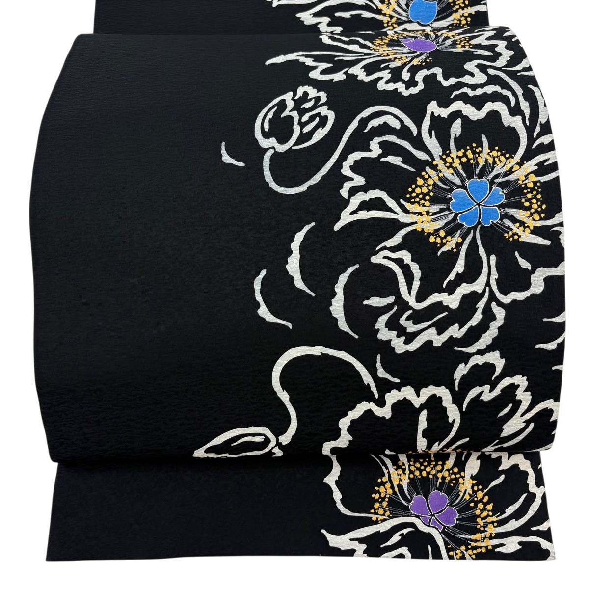 【美品】 袋帯 逸品 菅有鬼一 落款あり 花 金彩 黒 お太鼓柄 正絹 【中古】