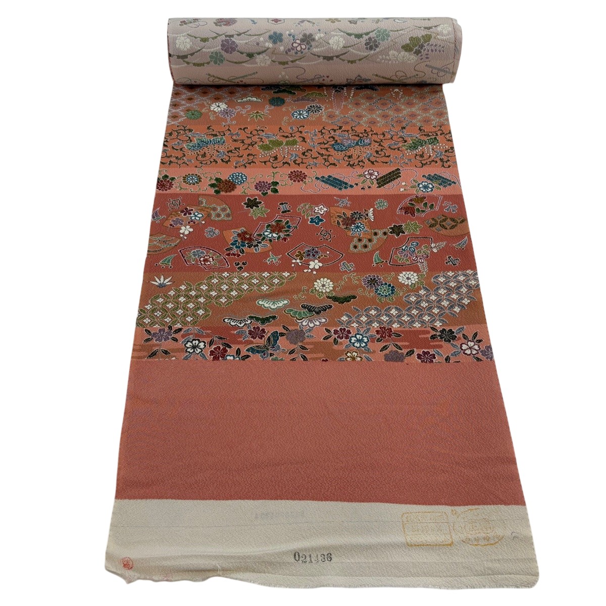 反物 秀品 小紋 宝尽くし 松竹梅 金彩 サーモンピンク 正絹 【中古】