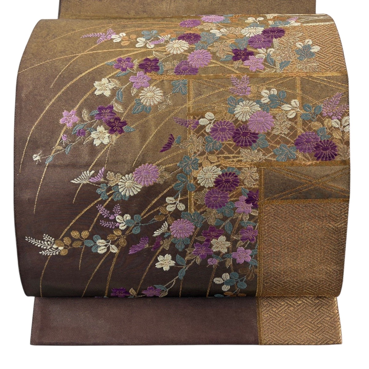 【美品】 袋帯 名品 帝王紫 落款あり 菊 萩 金糸 箔 茶色 お太鼓柄 正絹 【中古】