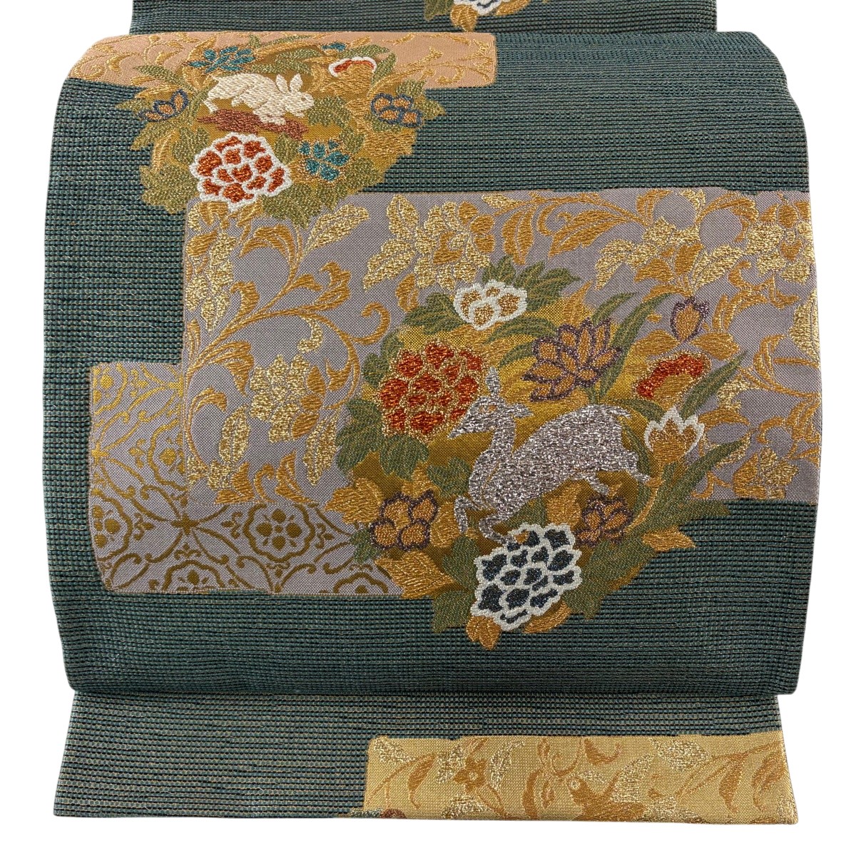 【美品】 袋帯 名品 うさぎ 花唐草 金糸 箔 灰緑 六通 正絹 【中古】