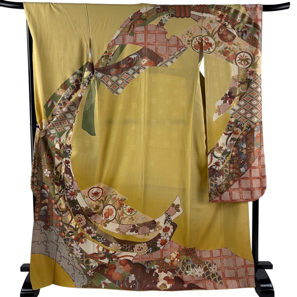 振袖 身丈169.5cm 裄丈68cm L 袷 鳥 草花 金銀彩 ぼかし 薄黄土色 正絹 名品 【中古】