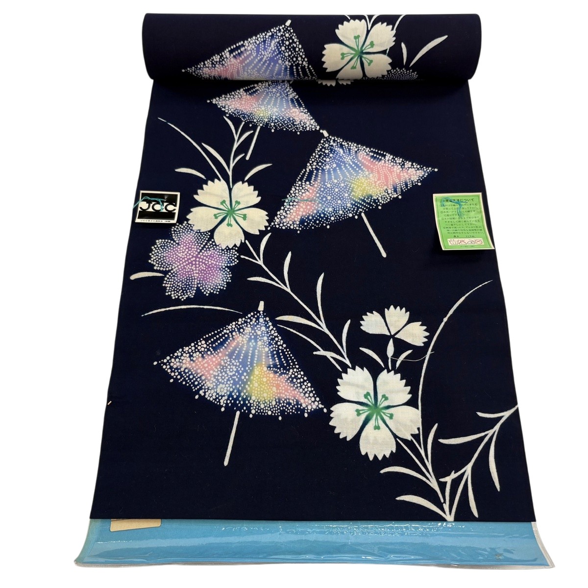 反物 優品 浴衣 番傘 草花 濃紺 綿 【中古】