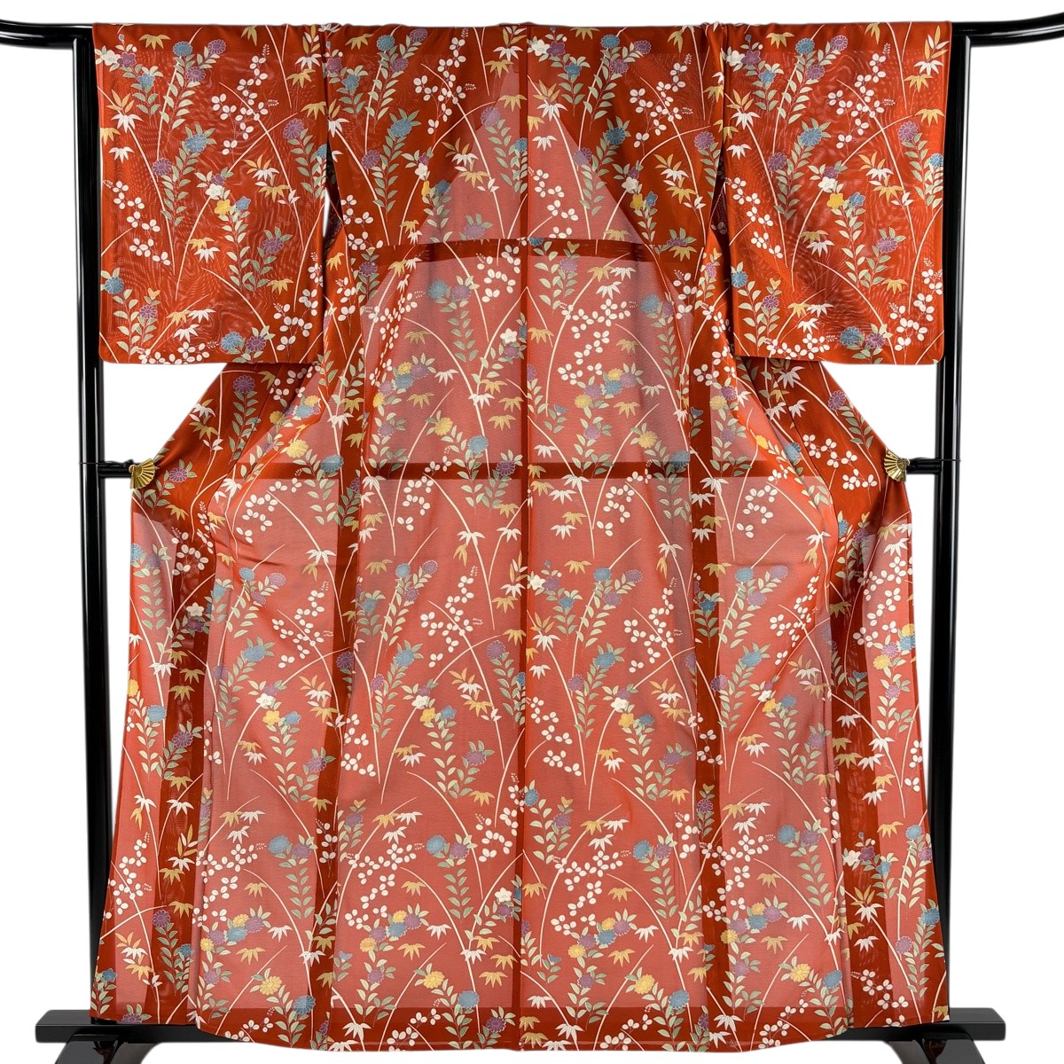 小紋 身丈160.5cm 裄丈64.5cm M 薄物 絽 草花 笹 銀彩 朱色 正絹 秀品 【中古】