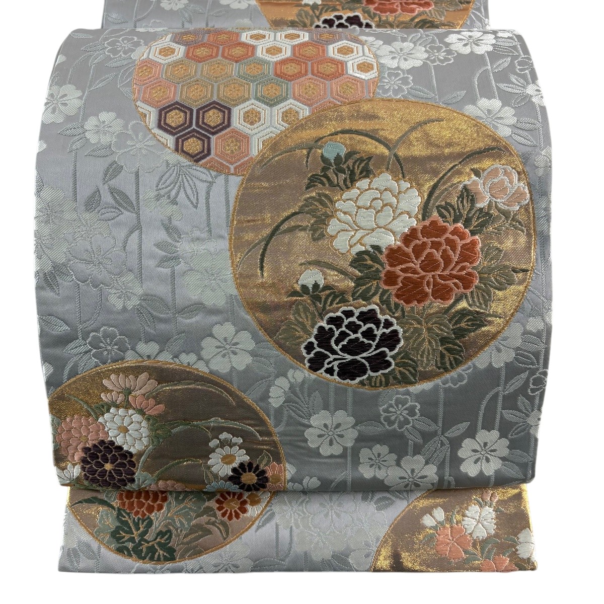 【美品】 袋帯 秀品 草花 亀甲 金糸 箔 灰色 六通 正絹 【中古】