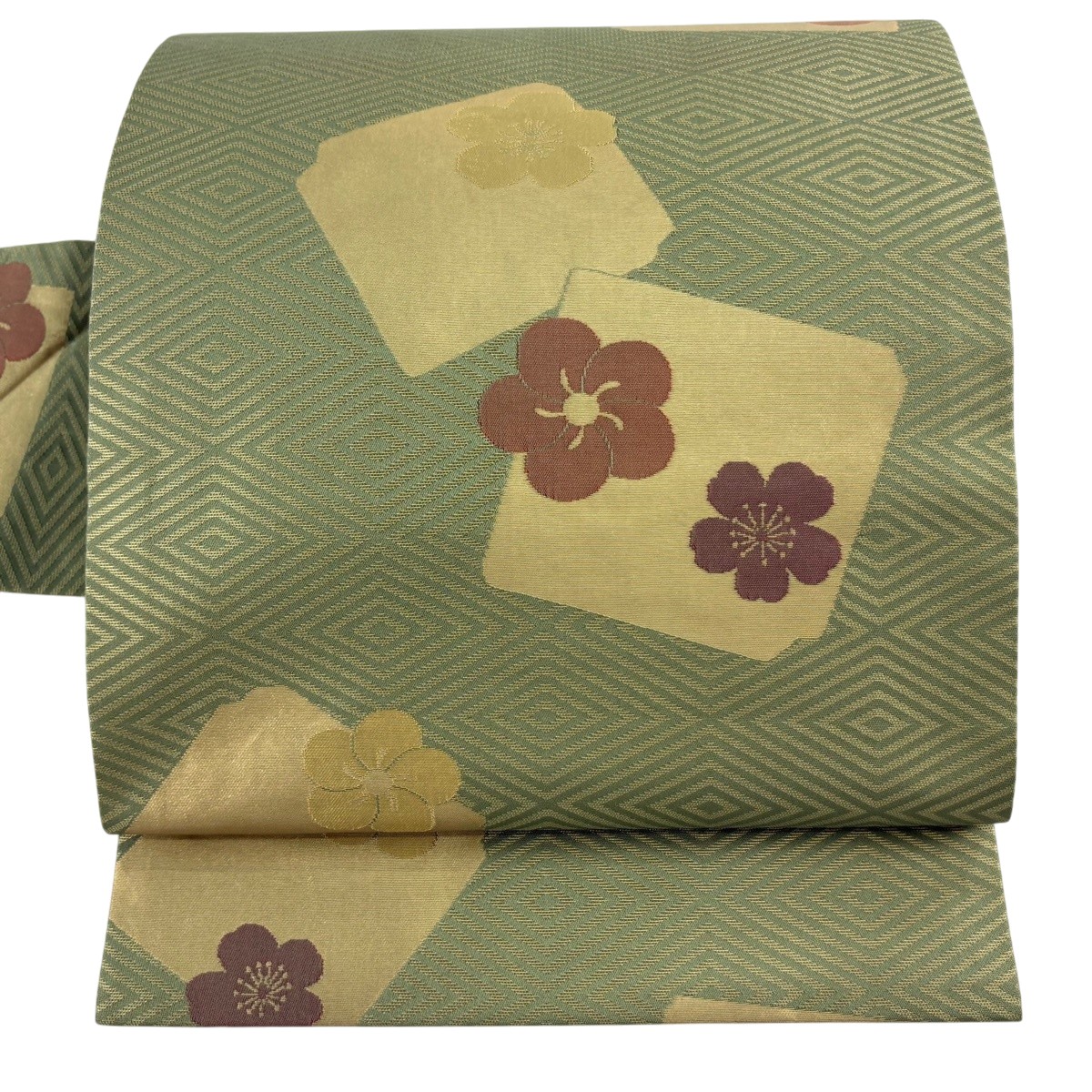 名古屋帯 秀品 桝屋高尾 落款あり ねじ梅 破れ色紙 箔 よもぎ色 正絹 【中古】