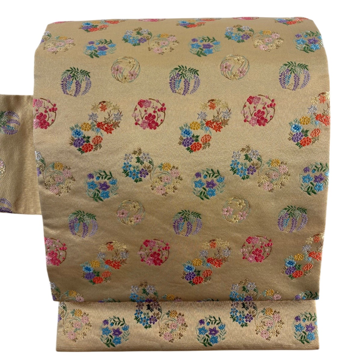 【美品】 名古屋帯 秀品 花丸文 金銀糸 金色 正絹 【中古】