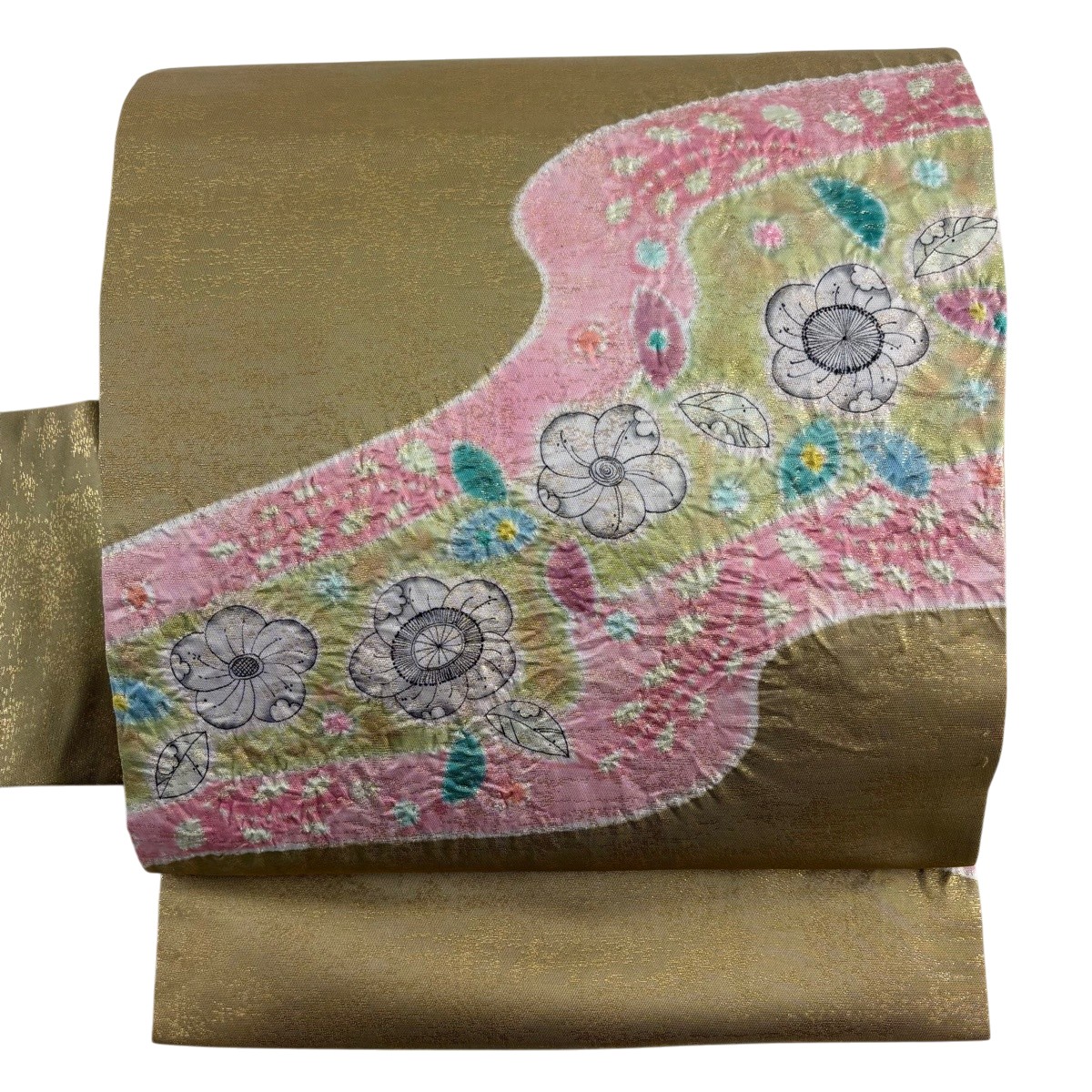 名古屋帯 秀品 落款あり 辻が花柄 霞 箔 絞り 黄土色 正絹 【中古】