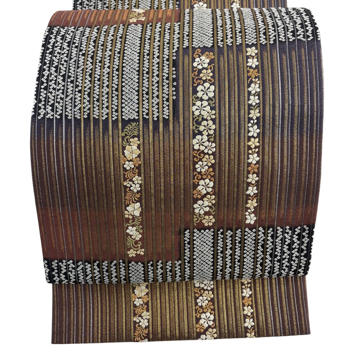【美品】 袋帯 秀品 縞 花唐草 金糸 箔 紫 六通 正絹 【中古】